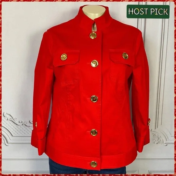 💋 Jones New York Signature Stretch Bright Red (Orange) Sm Big Button Blazer - Picture 1 of 6